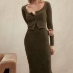 House of CB одећу 68JT116 фаиетте каки мекана пухаста плетена макси хаљина