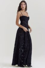 House of CB одећу 68JT126 серен црна макси хаљина са цветним чипком - Image 8