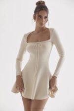 House of CB одећу 68JT298 цаприце крем нежна плетена мини хаљина - Image 6