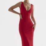 House of CB одећу 68JT303 цеце црвена ружа уроњена макси хаљина