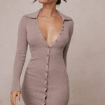 House of CB одећу 68JT311 иветте беж кашмир плетена миди хаљина