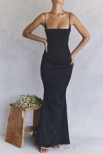 House of CB одећу 68JT386 оливет црна сатенска макси хаљина са корзетом - Image 11