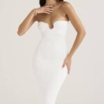 House of CB одећу 68JT444 ориана бела ребраста плетена миди хаљина без нараменица