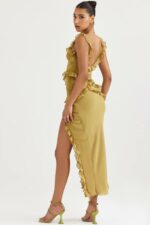 House of CB одећу 68JT452 пикие маслинаста макси хаљина са воланима - Image 12