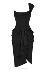 House of CB одећу 68JT477 јанис црна сатенска миди хаљина - Image 7