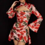 House of CB одећу 68JT503 хаљина са драпираним корзетом са принтом тоира руже