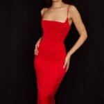 House of CB одећу 68JT505 анаис сцарлет сатенски корсет миди хаљина