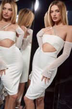 House of CB одећу 68JT519 лоулоу миди хаљина од сатена боје слоноваче - Image 2