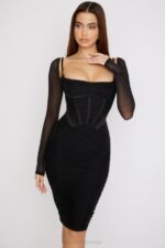 House of CB одећу 68JT526 фреија црна скупљена корсет хаљина - Image 7