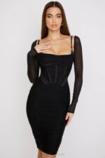 House of CB одећу 68JT526 фреија црна скупљена корсет хаљина - Image 8