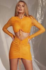 House of CB одећу 68JT533 јеанелле наранџаста мрежаста мини хаљина дугих рукава са изрезима - Image 14