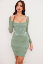 House of CB одећу 68JT543 фреија зелена скупљена корсет хаљина - Image 7