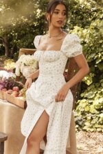 House of CB одећу 68JT571 таллулах бела миди хаљина са цветним пуф рукавима - Image 16