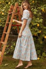 House of CB одећу 68JT572 таллулах плава старинска миди хаљина са пуф рукавима са цветним рукавима - Image 6