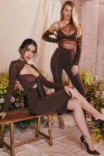 House of CB одећу 68JT575 наталиа цхоцолате повер месх кравата предња миди хаљина - Image 13