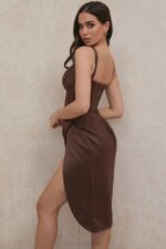 House of CB одећу 68JT582 фаие чоколадна сатенска корсет хаљина - Image 5