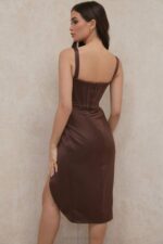 House of CB одећу 68JT582 фаие чоколадна сатенска корсет хаљина - Image 6