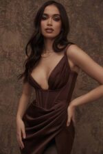 House of CB одећу 68JT582 фаие чоколадна сатенска корсет хаљина - Image 9