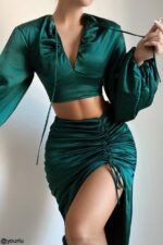 House of CB одећу 68JT983 петронелла смарагдно зелена сатенска скупљена сукња - Image 7