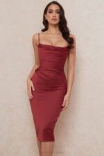House of CB одећу 68JT599 ања вине сатен корсет миди хаљина - Image 11