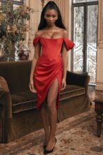 House of CB одећу 68JT630 лоретта црвена сатенска хаљина са отвореним раменима - Image 18
