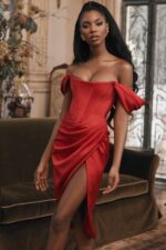House of CB одећу 68JT630 лоретта црвена сатенска хаљина са отвореним раменима - Image 19