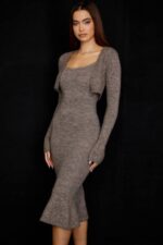 House of CB одећу 68JT732 андие браон лапор плетени скраћени кардиган - Image 14