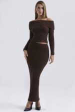 House of CB одећу 68JT829 слоане чоколадна мекана памучна макси сукња - Image 2