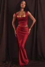House of CB одећу 68JT832 сидел руби сатен биас цут маки сукња - Image 11