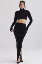 House of CB одећу 68JT879 рене црна макси сукња од женила - Image 6