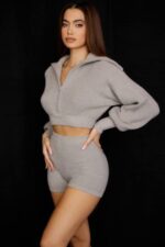 House of CB одећу 68JT950 приземљене сиве плетене шортсе високог струка - Image 12